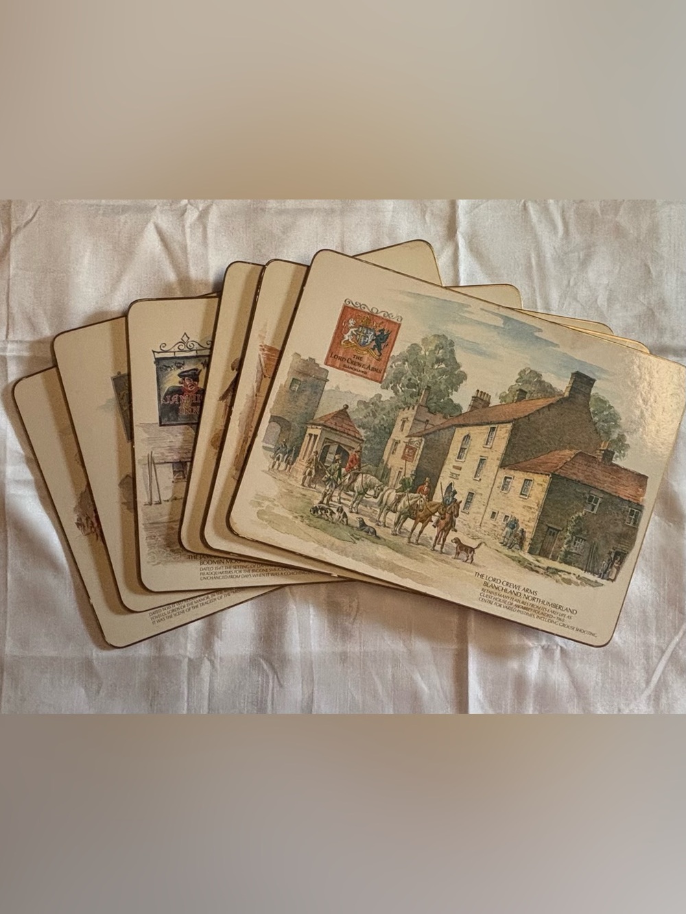 Vintage Cloverleaf Set Of 6 Olde Inns Cork-Backed Table Mats Made In UK